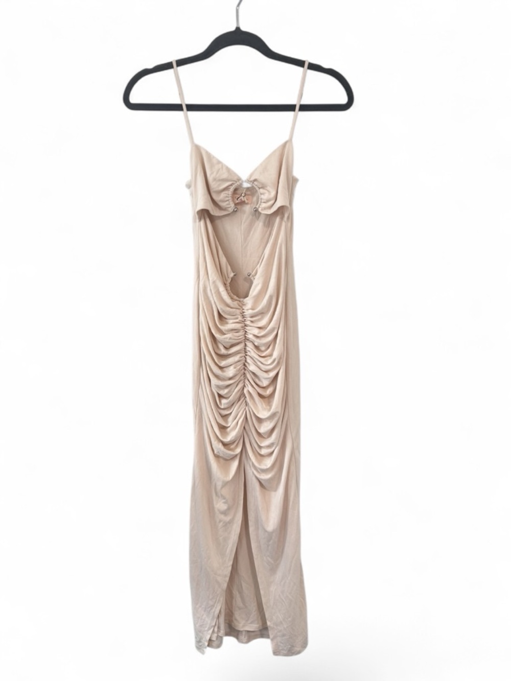Camila Coelho Yasmeen Midi Dress in Beige Ruched Cutout Wedding Party XS NWT - Picture 8 of 8